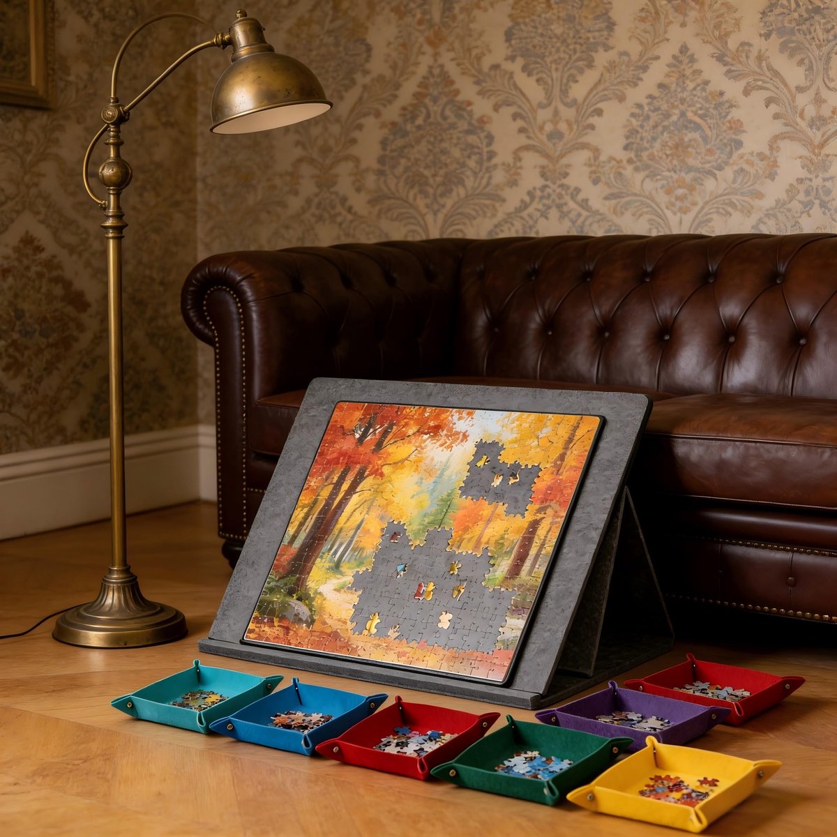 SnelShoppen - Puzzelplank 1000 stukjes - Kantelbare Puzzeltafel met 6 Kleurrijke Sorteervakken, Vilt Puzzelmatplaat met Deksel voor Puzzelen Thuis of