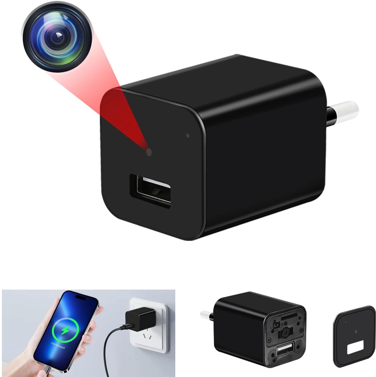 SnelShoppen - Mini Spionagecamera USB-oplader, Verborgen HD-videoopname 1080p, Bewegingsdetectie & Loop-opname, Ideaal voor Beveiliging Thuis en Kanto