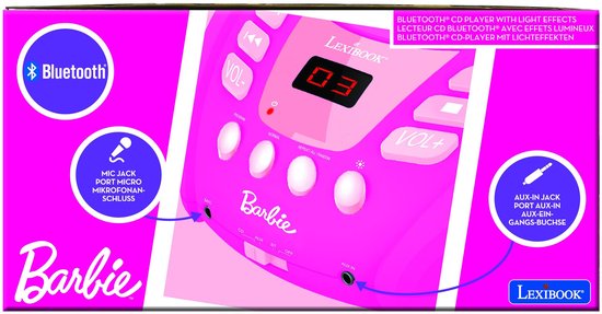 Verpakking van roze Barbie CD-speler met lichteffecten, microfooningang en Bluetooth-logo.