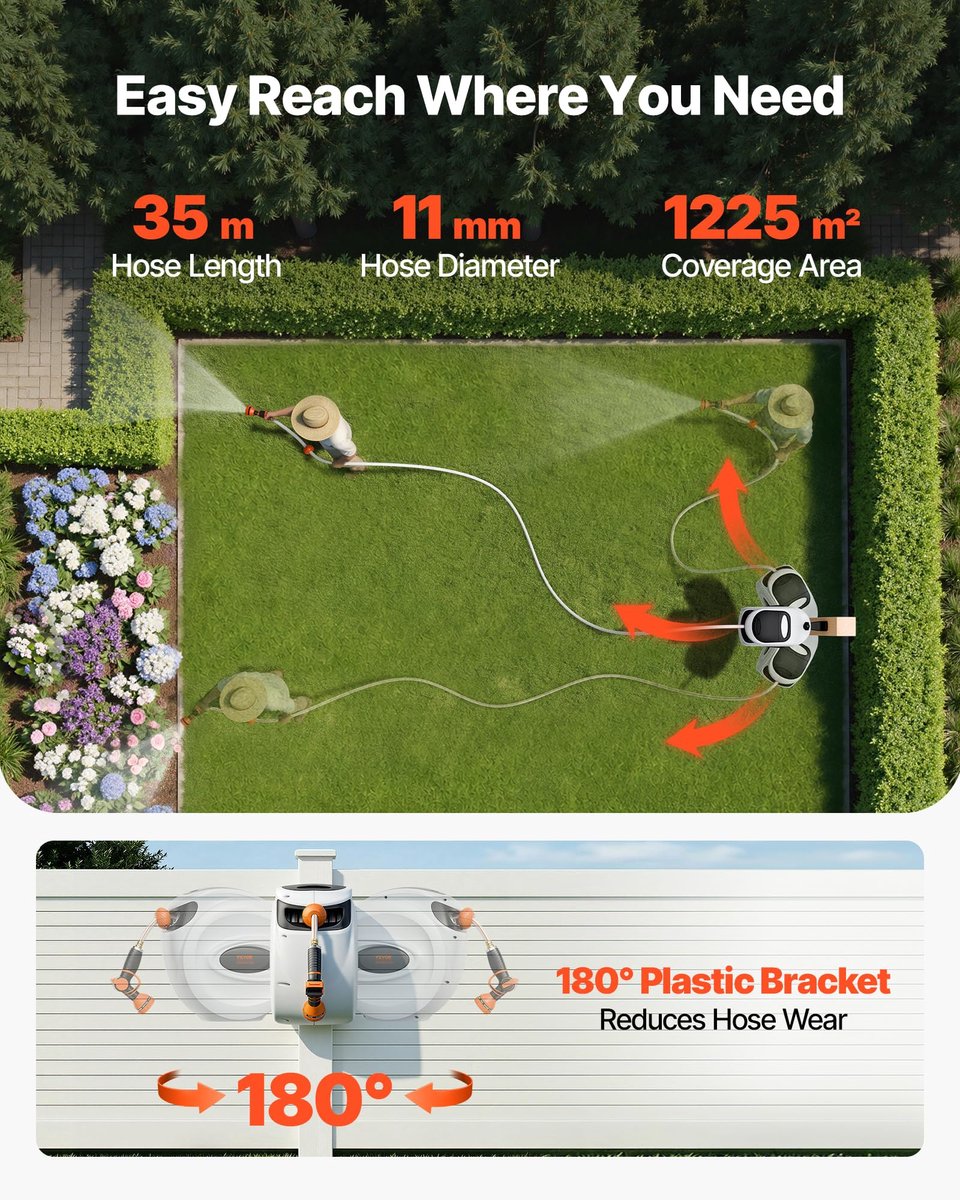 SnelShoppen - Slanghaspel Water 35 m x 12 mm met Wandhouder, Draaggreep, 180 Graden Draaibaar, Tuinslang met Sproeikop en 9 Patronen, Automatisch Opro