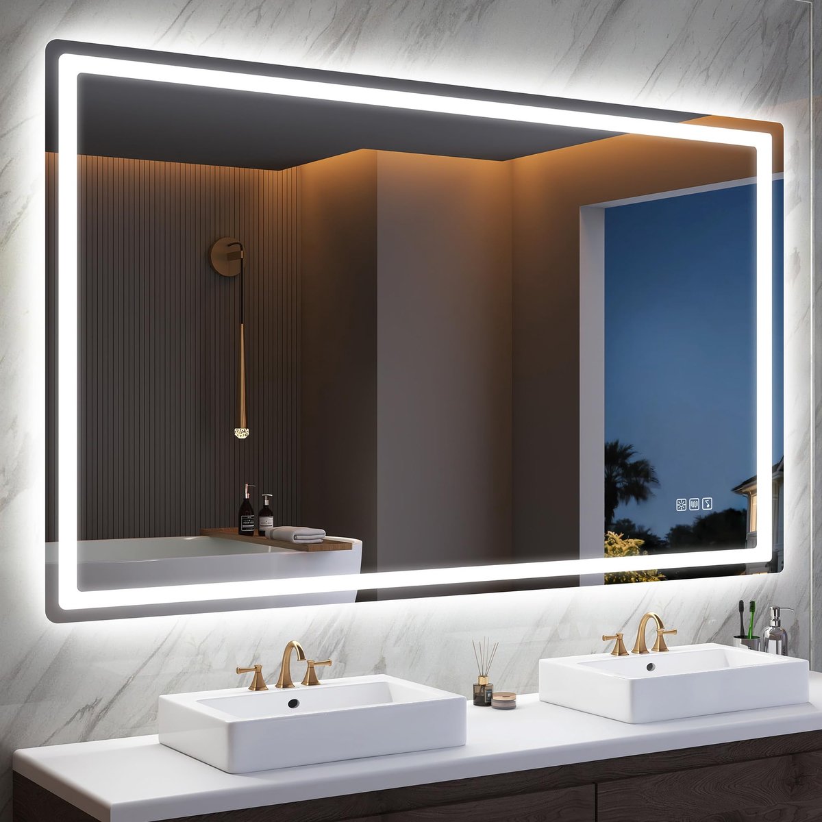 SnelShoppen - STARLEAD Badkamerspiegel met Verlichting 120 x 70 cm - Dimbare LED Spiegel met Ontwaseming, Bluetooth, Geheugenfunctie, IP44, Gehard Gla