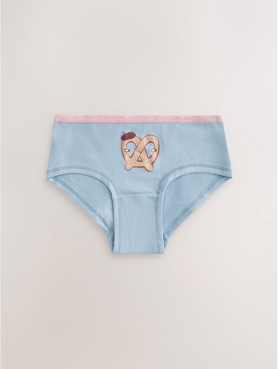 Lichtblauwe hipster met een grote tekening van een krakeling met baret op de voorkant. Roze rand.