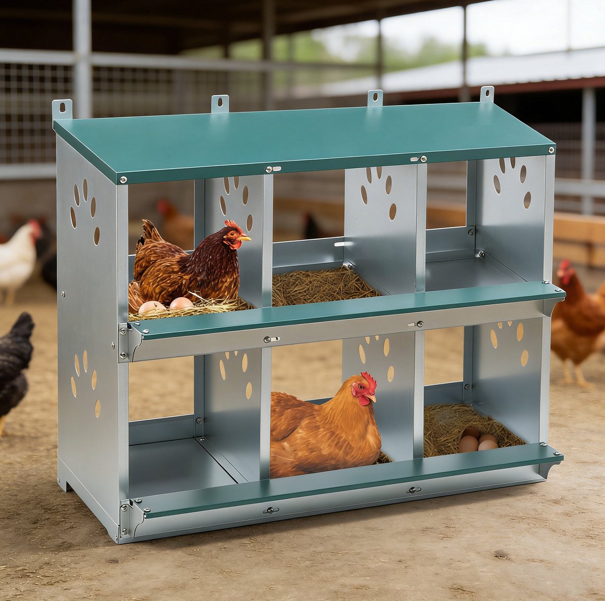 MIVRAY Kippen-Nestkast Met 6 Vakken - 86 Graden Rol-Ei Ontwerp - 81 x 41 x 67 cm - Verzinkt Metaal - Groen - Voor Comfortabele Legplaatsen