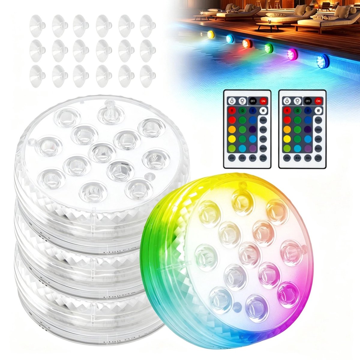 SnelShoppen - 4x Magnetische LED Onderwaterlampen met Afstandsbediening - IP68 Waterdicht RGB Meerkleurig Voor Zwembad, Vijver, Aquarium, Vazen, Spa's