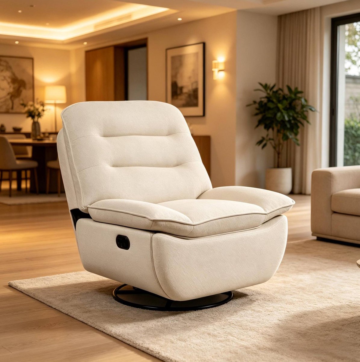 OKWISH Relaxfauteuil Schommelstoel - Handmatig Verstelbaar Met Voetsteun - 360° Draaibaar - Voor Woonkamer, Slaapkamer En Studeerkamer - Stof - Beige