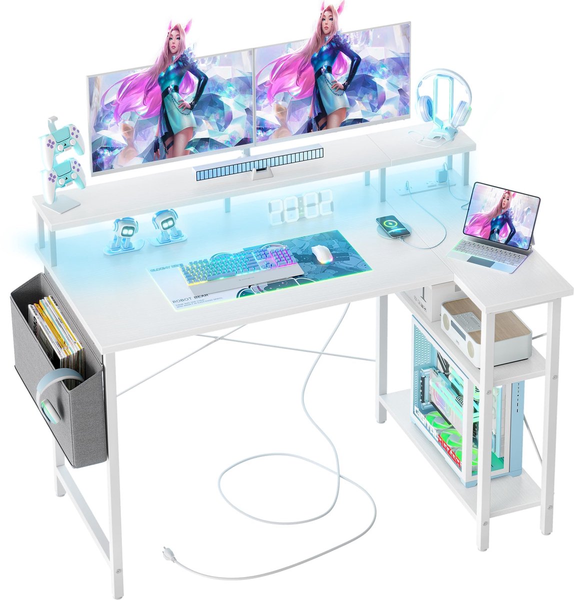 SnelShoppen - BEXEVUE Hoekbureau met Stekkerdoos en LED Verlichting, Ergonomisch L-vormig 120 x 70 cm, Omkeerbare Computertafel, Gaming Tafel, Studie