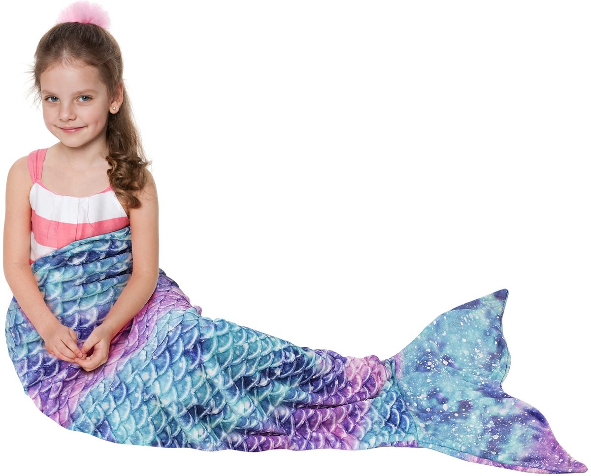 SnelShoppen - Zeemeerminnenstaart Deken, Zachte Pluche Fleece Slaapzak Knuffeldeken, 155x50 cm Visschubbenpatroon, Sterrenhemel, Perfect voor Kinderen
