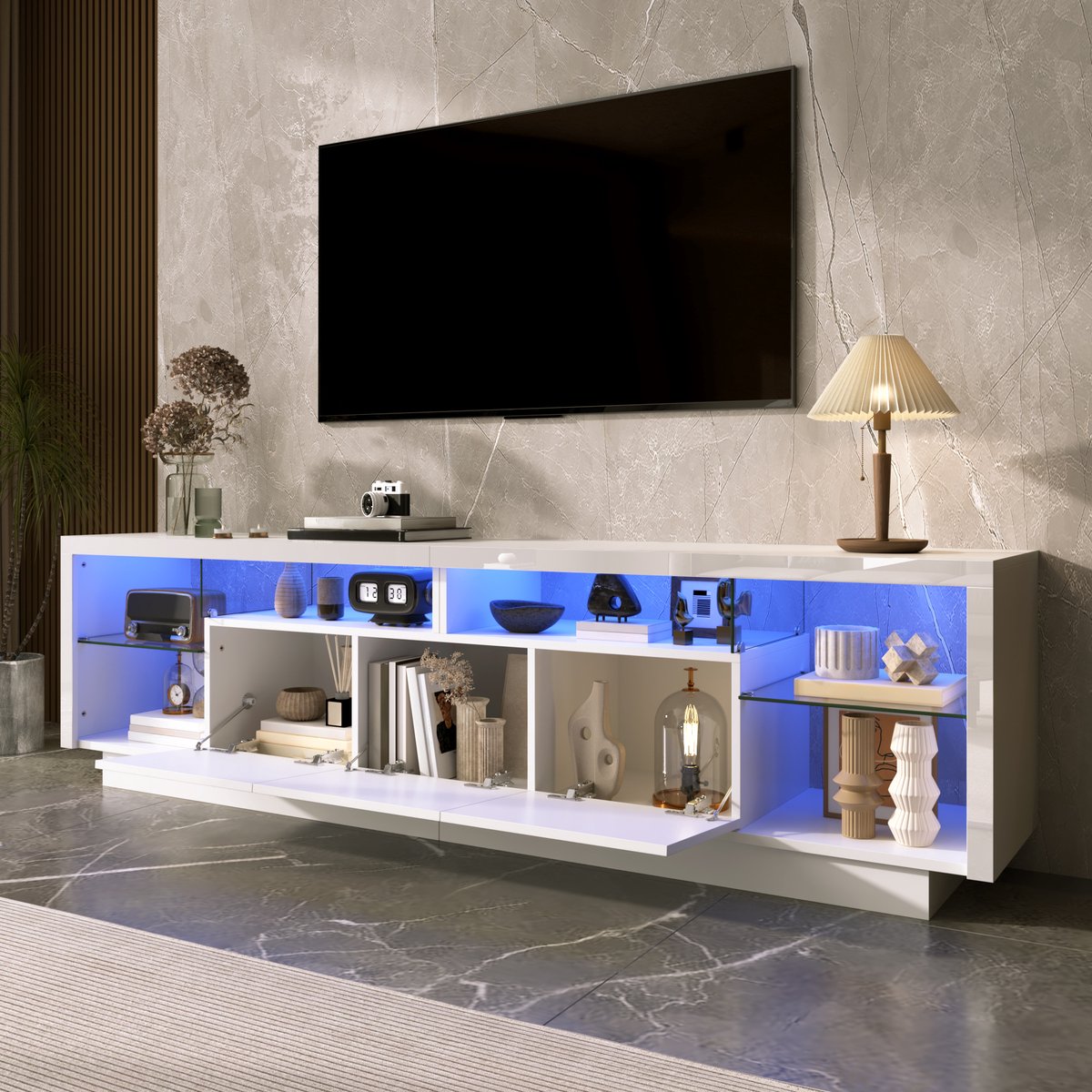Moderne tv meubel - drie hoogglansdeuren - met transparante glazen plank - LED-verlichting verstelbaar via app - wit