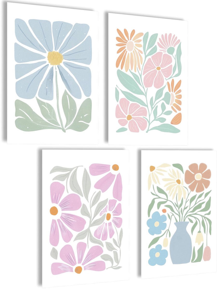 SnelShoppen - Aura Posterset 4x A4 - Esthetische Decoratie voor Preppy Kamer - Yoga, Manifestatie, Wet van Aantrekking, Y2K Stijl - Abstracte Bloemen,