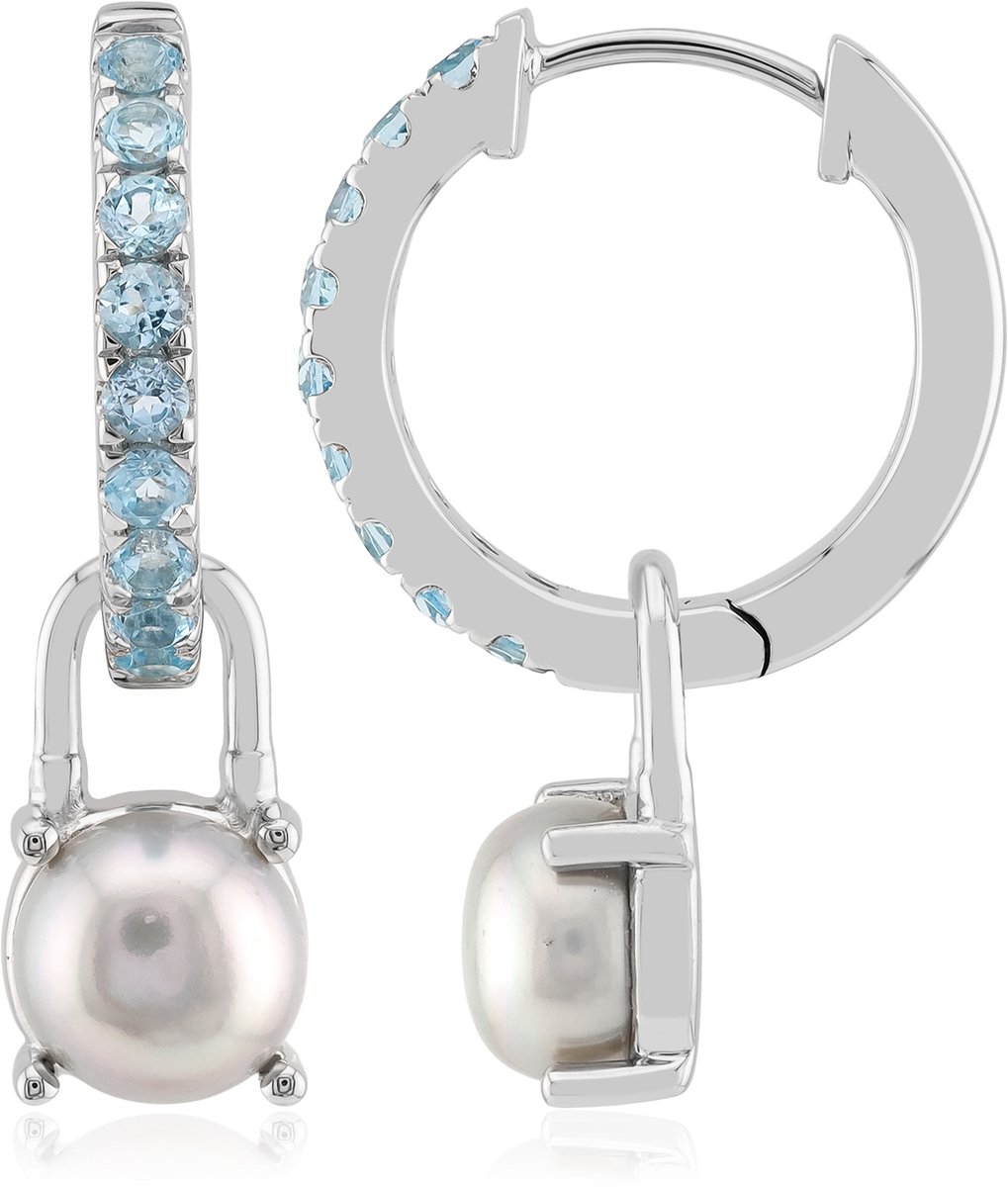 Cavill - 925 Sterling Zilver Gerhodineerde Oorbellen - 7mm Zoetwaterparels & 0,74ct Blauwe Topaas - Elegante Ronde Pareloorbellen