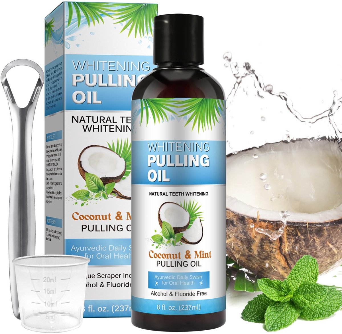 Dailygoods- Mondwater 237 ml - Natuurlijke Tanden Bleken - Alcohol- en Fluoridevrij - Kokos en Munt - Tongschraper - Ayurvedische Mondspoeling - Pullingolie