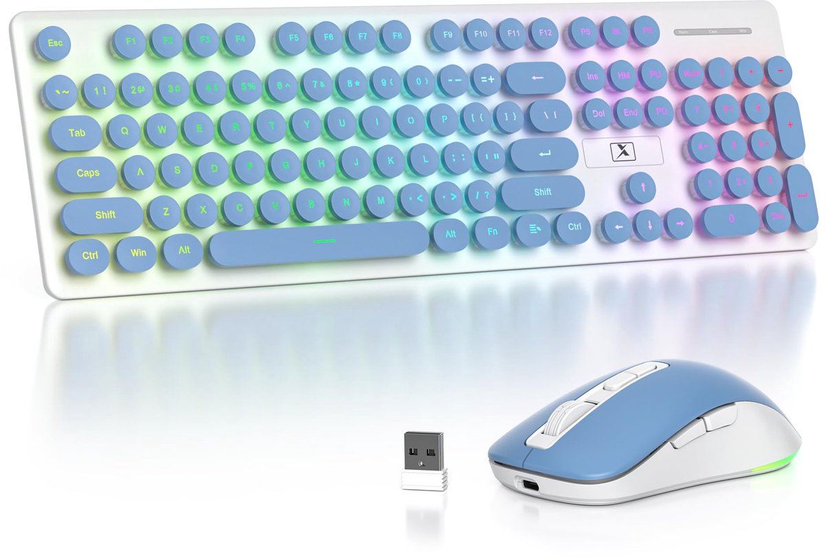 SnelShoppen - Backlit Wireless Keyboard en Muis Set, 2.4GHz Oplaadbaar Verlicht Toetsenbord met Retro Ronde Keycaps, Stille Draadloze Toetsen, USB Ont