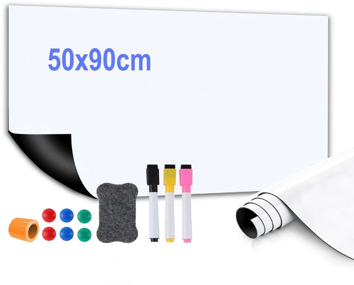 SnelShoppen - Magnetische Whiteboardfolie 50 x 90 cm - Zelfklevend Magneetfolie voor Thuis, Kantoor, Deur en Muur - Inclusief Marker, Bordgum en Plakb