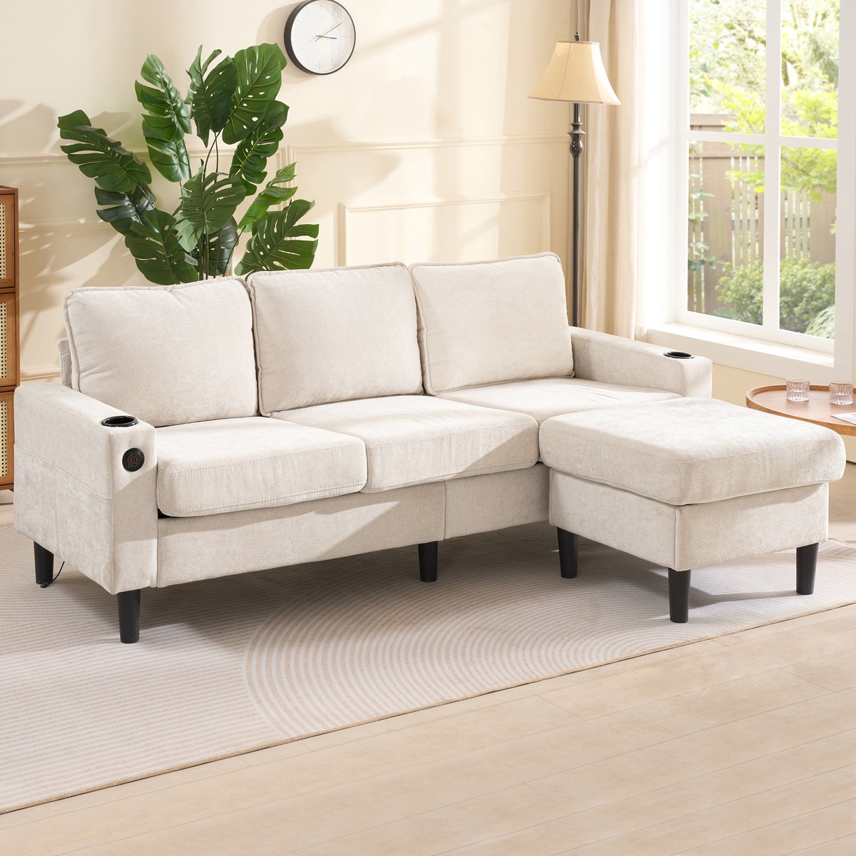 COVREO Hoekbank 202x137x80 cm - beige linnen, 3-zits met USB, Type-C, bekerhouders en voetenbank