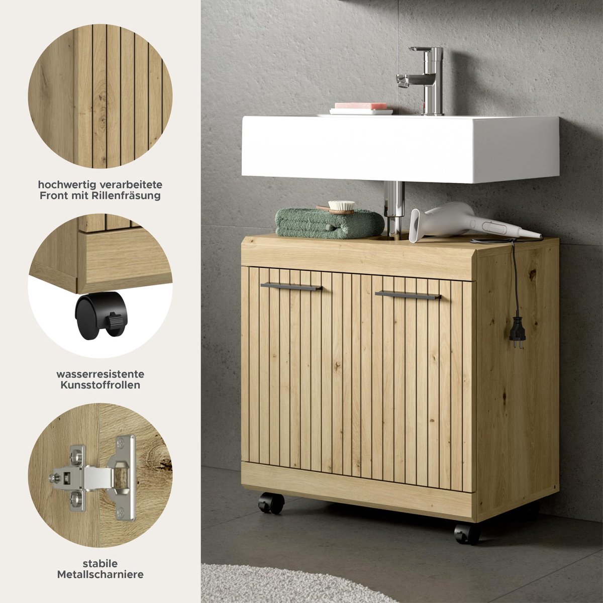 SnelShoppen - Wastafelonderkast Mobiel 60x60x34 cm op Wielen in Artisan & Zwart - Elegante Badkamerkast met 2 Deuren en Sifonuitsparing voor Moderne B