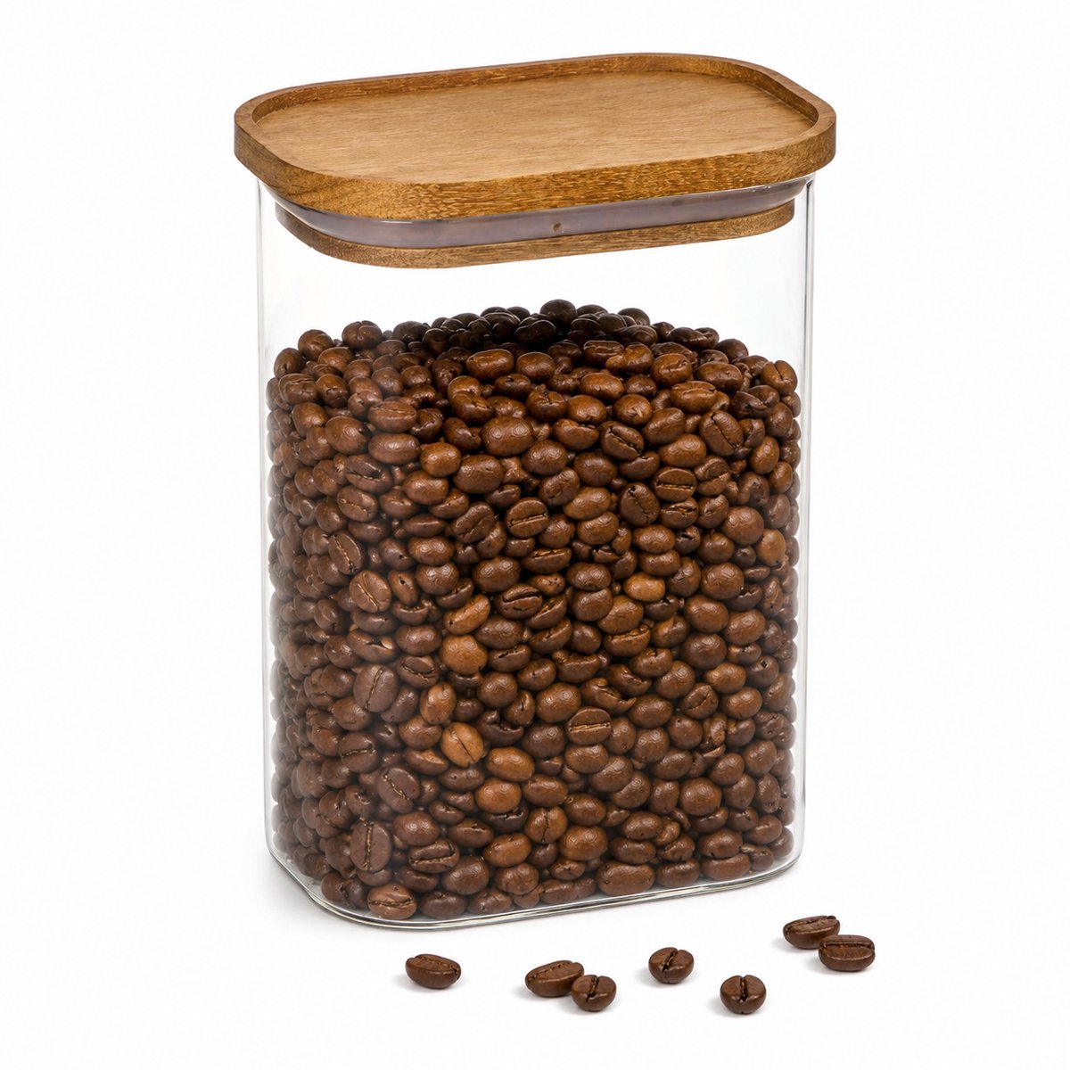 Glazen Voorraadpot 1,3 Liter – Rechthoekige Bewaarpot met Houten Deksel – Luchtdichte Voorraadbus voor Koffie, Rijst, Pasta, Muesli en Noten – Transparant/Bruin
