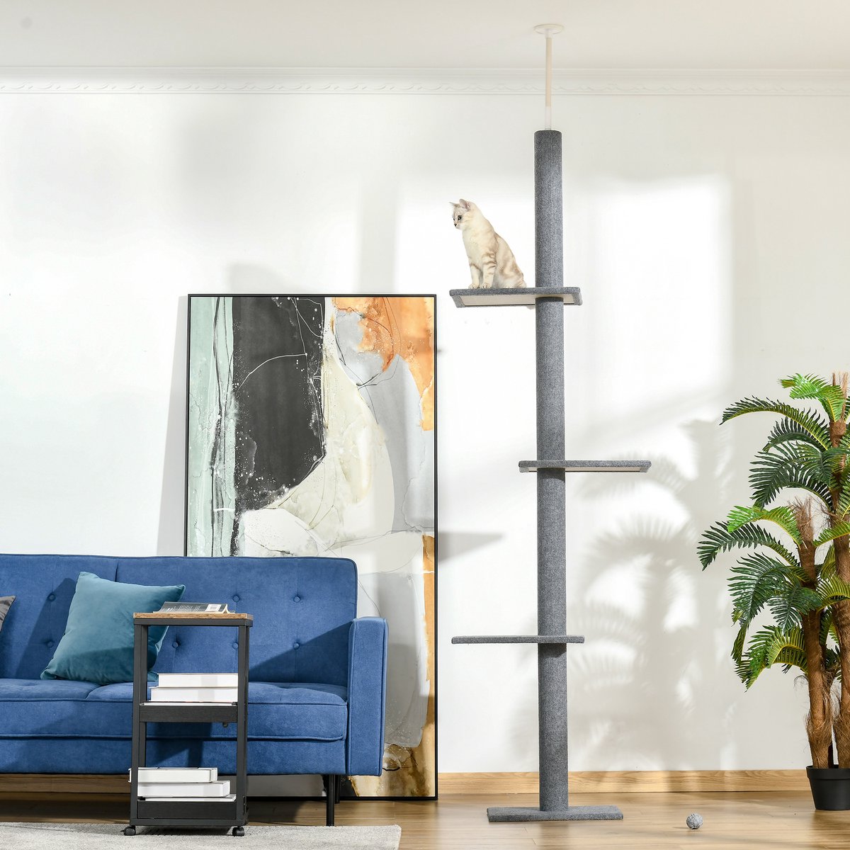 MIVRAY Krabpaal – Hoogteverstelbaar 228-260 cm – 4 Platformen – Hout En Pluche – Grijs – Plafondbevestiging Voor Klimmen En Rusten
