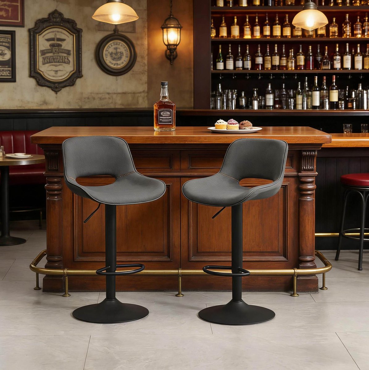 OKWISH Barkruk Set Van 2 - Draaibaar En In Hoogte Verstelbaar - Met Rugleuning Voor Bar En Keuken - Metaal En Stof - Grijs