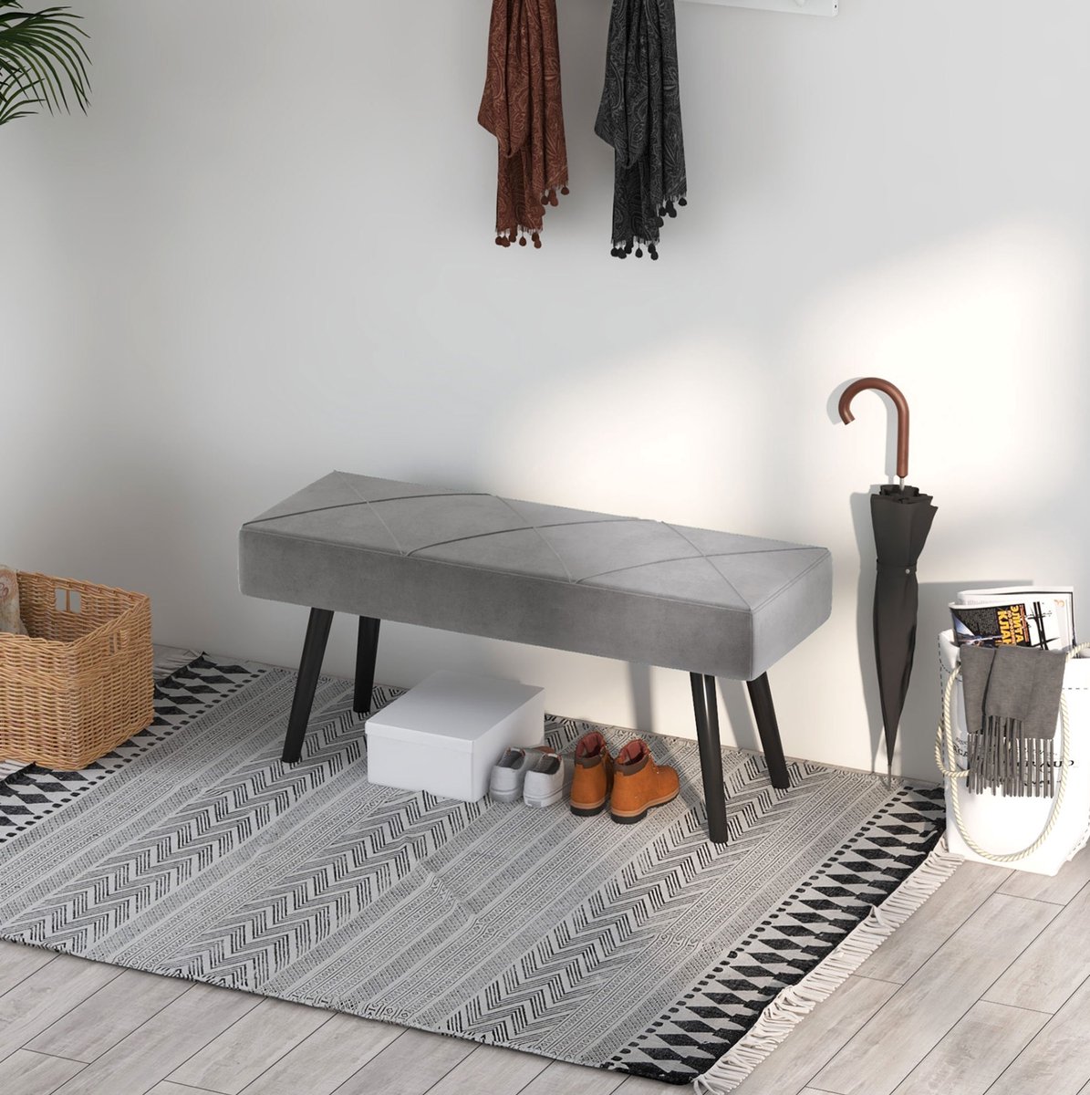 HAUSS SPOLE Bedbank – 100 x 36 x 45 cm – Gepolsterd met Fluweellook – Staal – Grijs – Voor Slaapkamer, Hal of Woonkamer – X-Stiksel