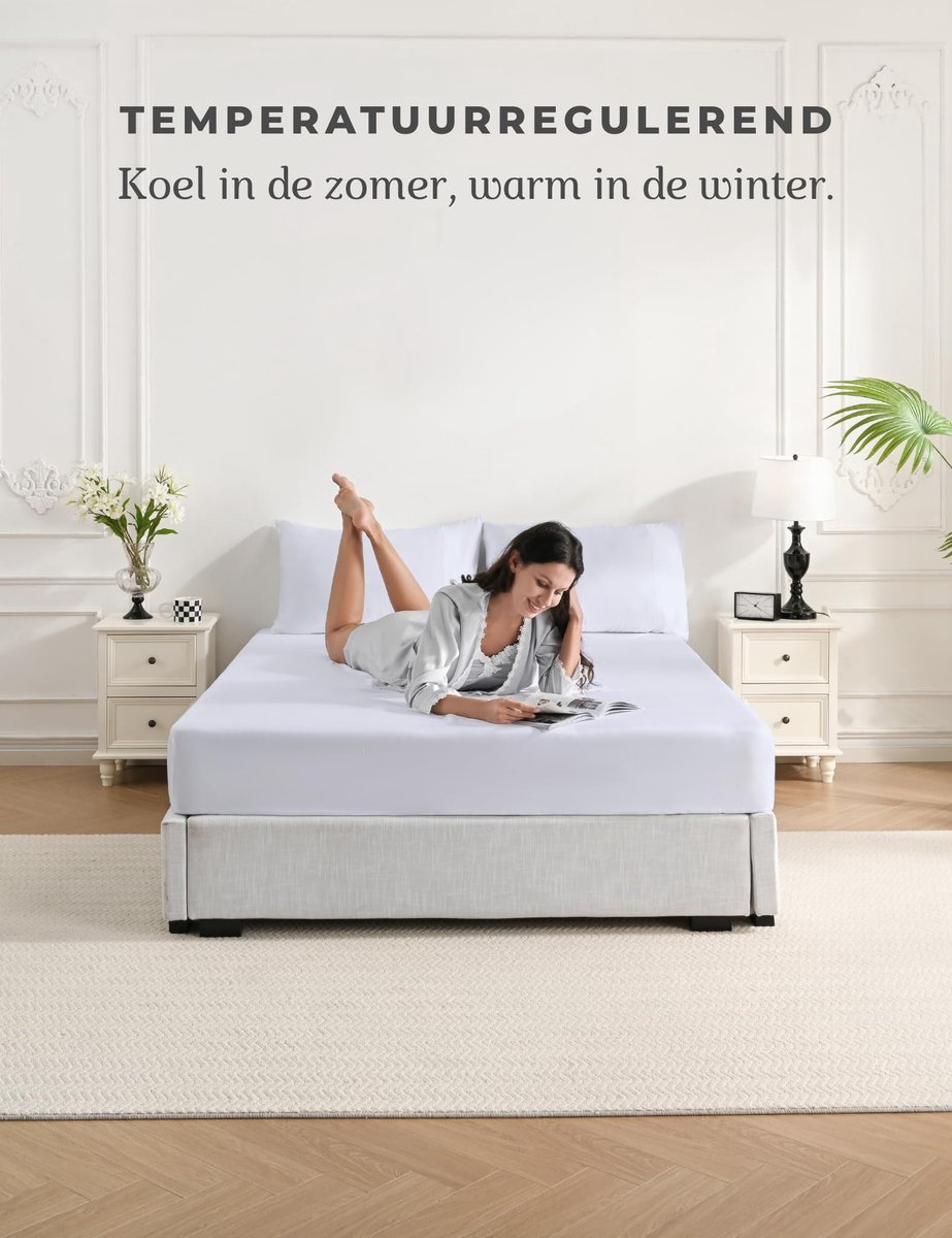 SnelShoppen - Hoeslaken 160x200 CM, 100% Bamboe Viscose, Vegan Zijde, Extra Diep 35CM, Wit Beddengoed, 400 Thread Count, Verkoelend, Ademend, Hypoalle