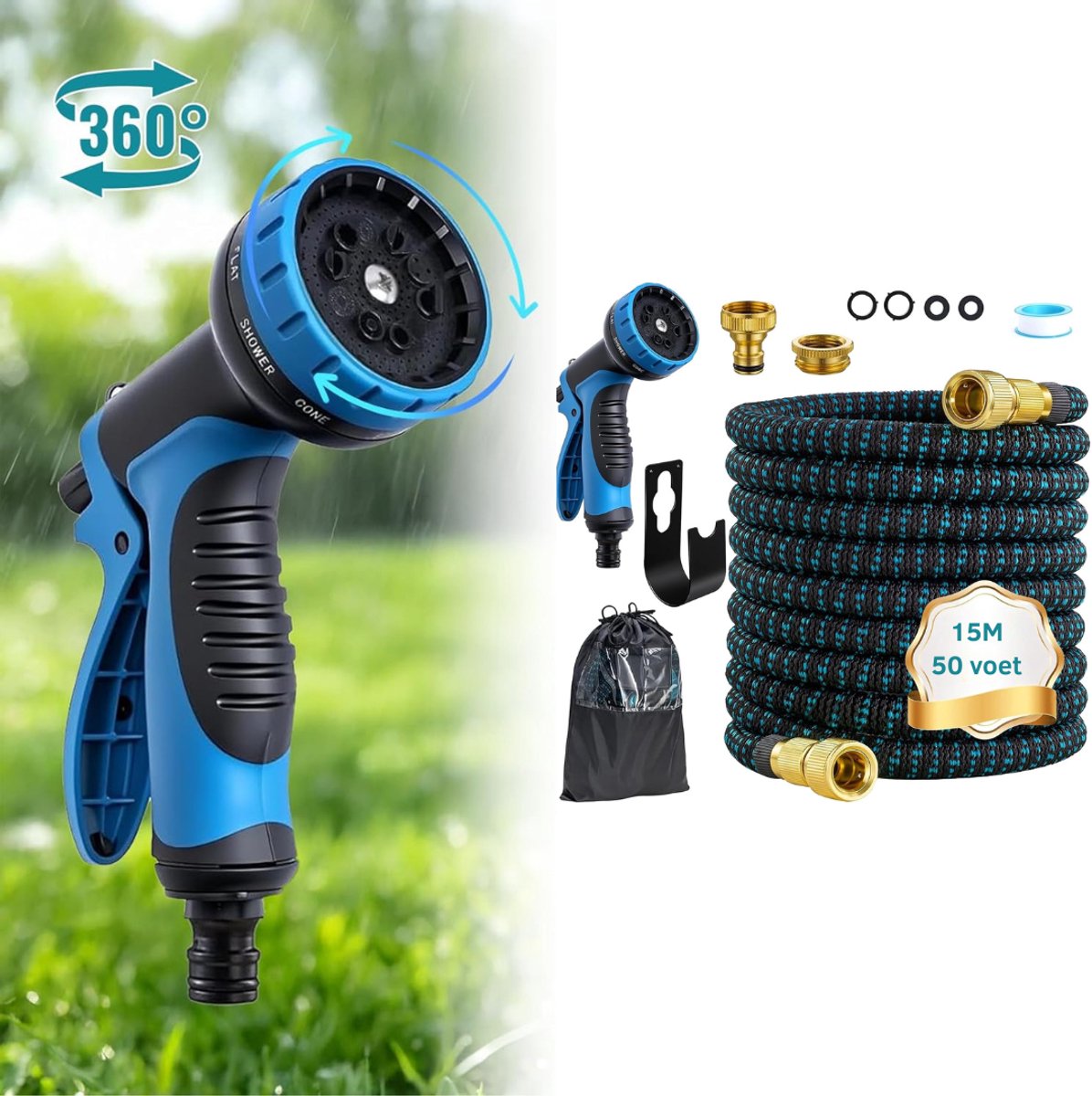 ApexArte® Flexibele Tuinslang - Uitrekbare Tuinsproeier - Meerdere Functies - Blauw