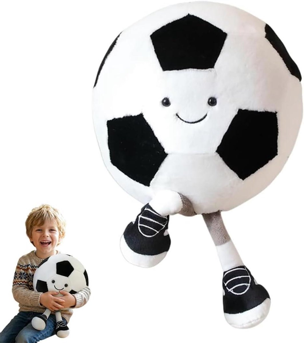 Pluche voetbal met poten - Knuffel voetbal - Kinderkamer decoratie - Uniek ontwerp met benen - 27 cm - Wit-zwart
