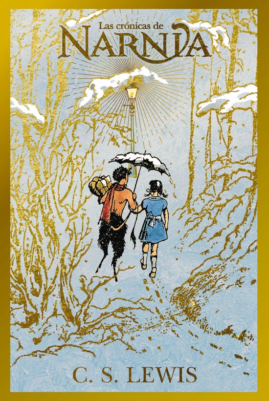 De cover van "Las crónicas de Narnia" toont een jongen en een meisje met een paraplu in een besneeuwd bos met gouden bomen.