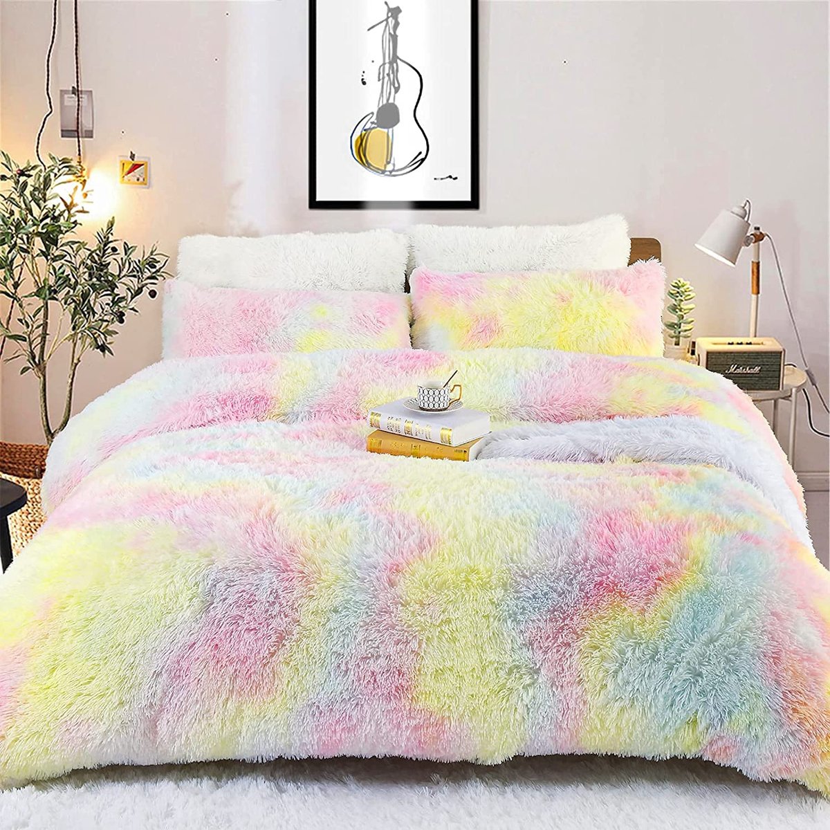 SnelShoppen - Kleurrijk Flanel Dekbedovertrekset 135x200cm Warm Winter Meisjes Dekbedovertrek met Ritssluiting & Kussensloop 80x80cm voor Comfortabel