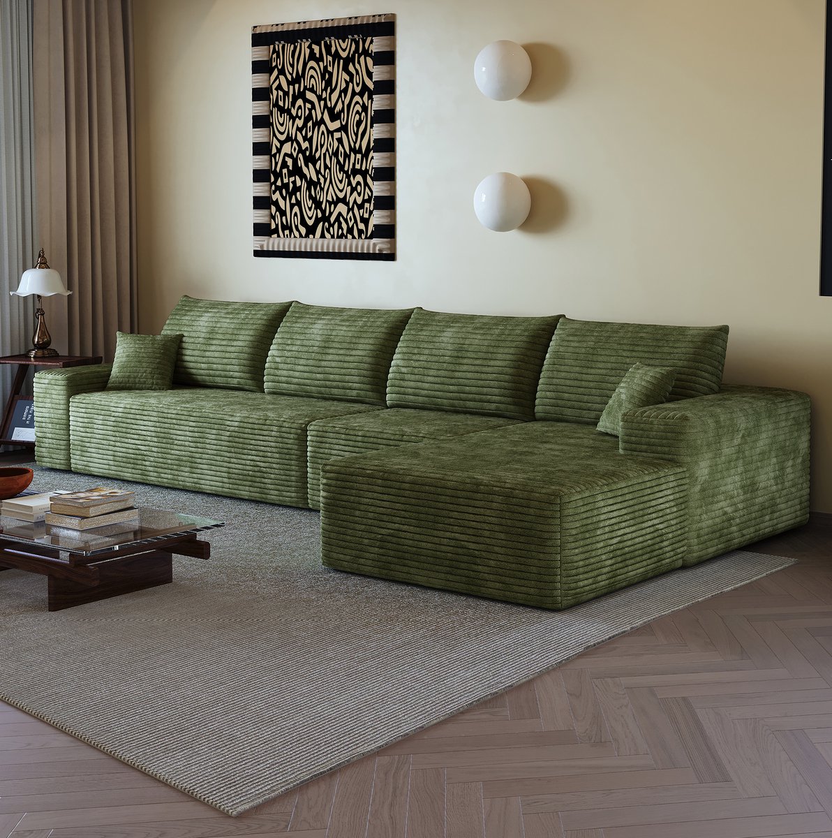 STILVORA Hoekbank 340 cm - Modulaire 4-Zits Met Chaise Longue Zonder Montage - Voor Woonkamer Slaapkamer En Appartement - Ribfluweel Groen