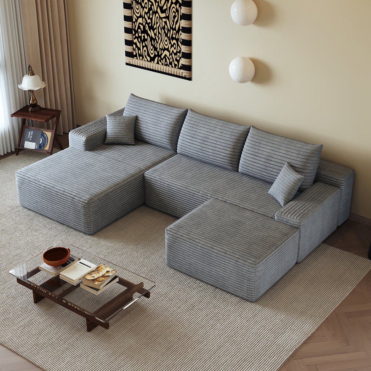 STILVORA Hoekbank 270 cm - Modulair Met Omkeerbare Chaise Longue En Diepe Zitting - Voor Woonkamer, Slaapkamer En Appartement - Ribstof Grijs