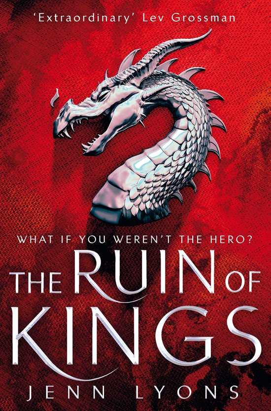 Boekomslag met een zilveren drakenkop en de titel 'The Ruin of Kings'.