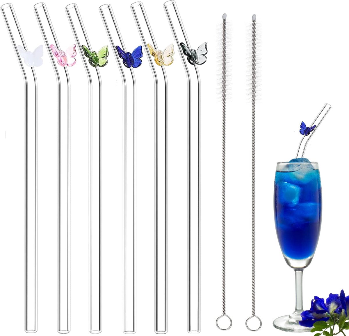 Dailygoods - Herbruikbare Glazen Rietjes - 6 Stuks Met Reinigingsborstels