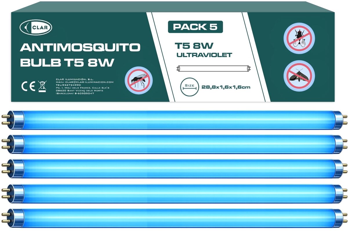 SnelShoppen - UV Fluorescent Tubes, Anti-Mosquito Bulb, Buiten UV Lampen, Ultraviolet Licht Lampen, 8 Watt T5, Set van 5, 28.8 x 1.6 cm voor Tuin en C