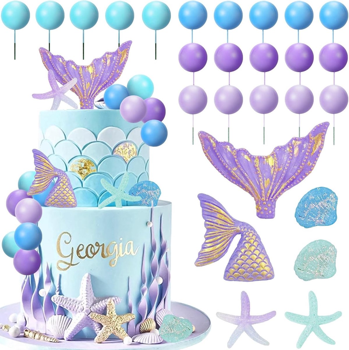 Dailygoods- Taarttoppers 26 Stuks - Zeemeermin Thema - Onderwater Taartdecoraties - Schelp/Zeesterren - Verjaardagstaart - Veiligheidswaarschuwing - Taartdecoratie