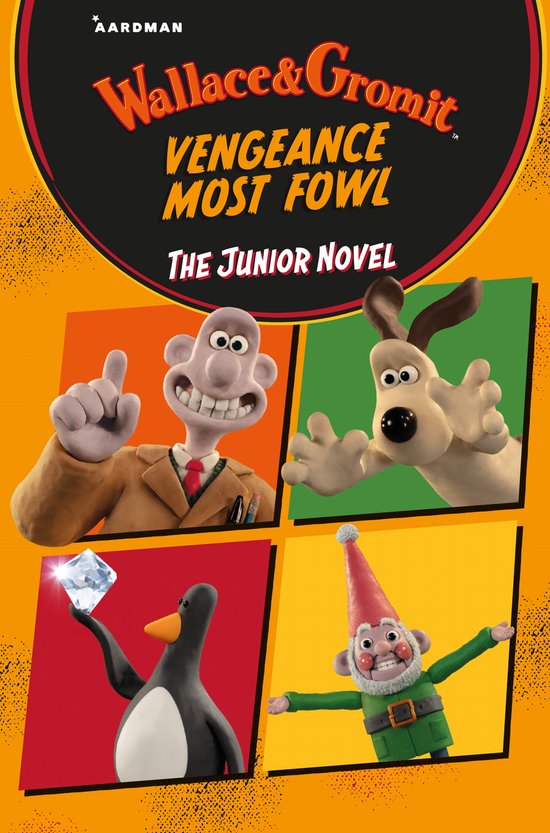 Couverture de Wallace & Gromit: Vengeance Most Fowl. Wallace, Gromit, un pingouin avec un diamant et un gnome de jardin.