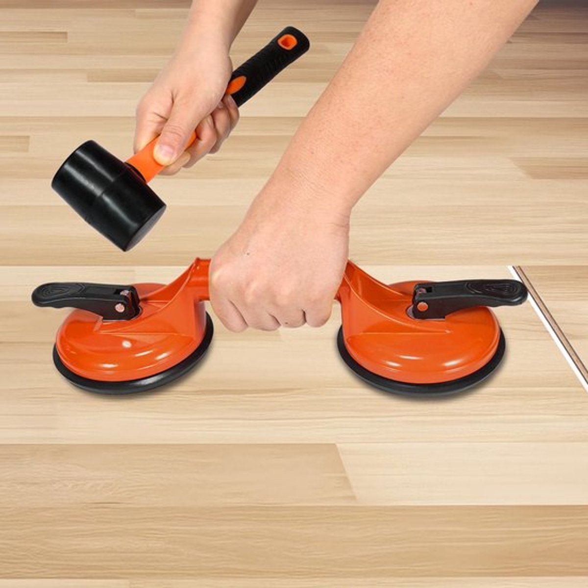 Vloerspleet-tool met zware aluminium zuignap - Plank-grijper - Rubber hamer - Vloer repara