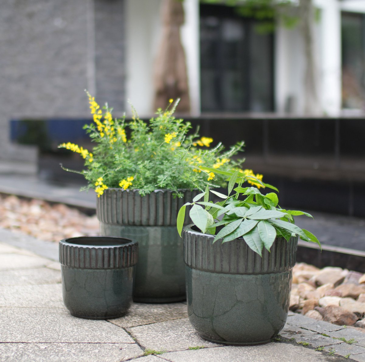 HAUSS SPOLE Bloempot – Ø 38 Cm – Glanzend Keramiek – Donkergroen – Voor Binnen En Buiten – Met Verticale Geribbelde Rand
