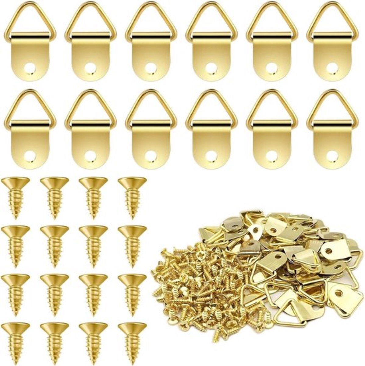 Fotolijsthaken met schroeven - Driehoekige ringwandhaken - Familie, kantoor, goud - 150 stuks