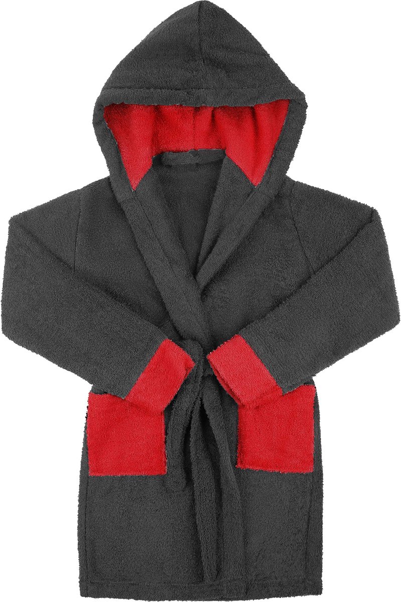 SnelShoppen - Luxe Kinderen Badjas van 100% Katoen in Grafiet/Rood (Maat 146-152) - Ideaal voor Thuis, Zwembad en Kamperen