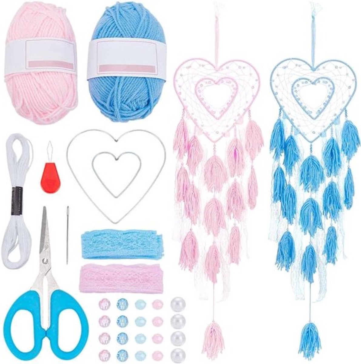 Doe-het-zelf Dromenvanger-kit in 2 kleuren: roze en blauw - Knutselpakket met Kristal en Veer - Handgemaakte Muurdecoratie om op te hangen