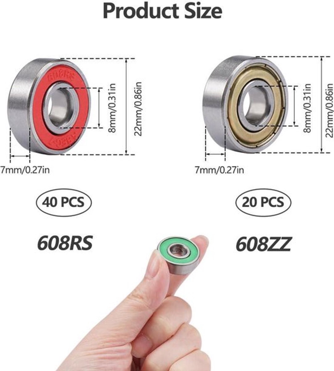 Skateboard kogellagers 8x22x7 mm, koolstofstaal rollagers, Double Shielded groefkogellagers, ABEC inline skates voor skateboard, scooter, inline - 608ZZ 608RS