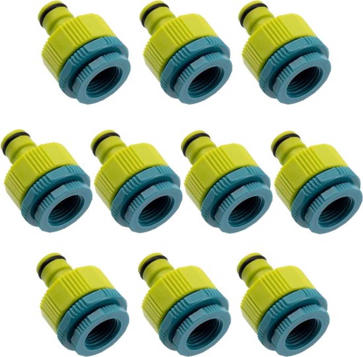 Set van 10 Kraanadapters 1''-1/2''-3/4'' voor tuinslang - Vrouwelijk & mannelijk - Kunststof.