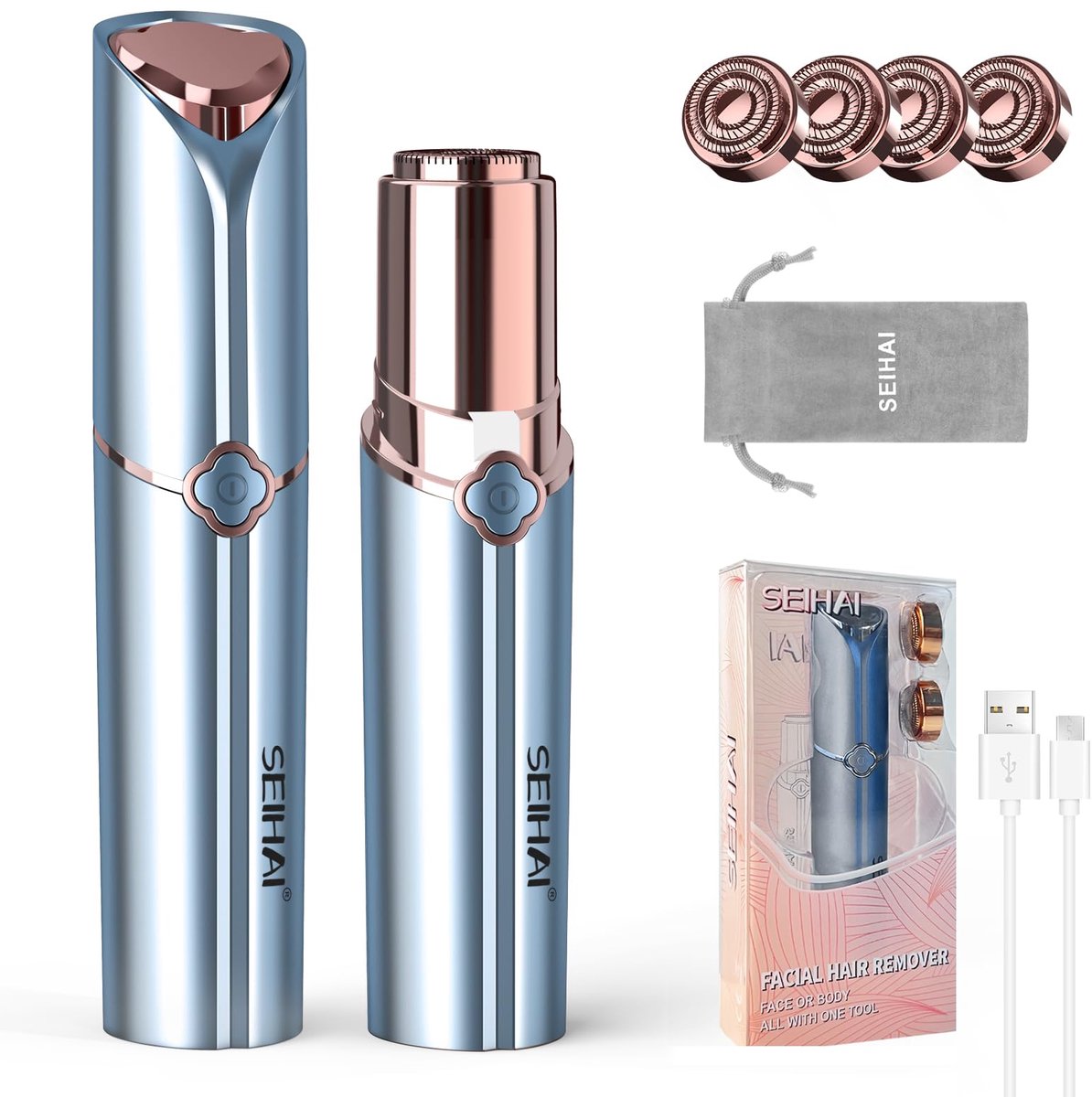 SnelShoppen - Oplaadbare Ladyshave voor Gezicht, Gezichtshaarverwijderaar voor Vrouwen, Inclusief 4 Reservekoppen voor Bovenlip en Kin, Compact en Dra