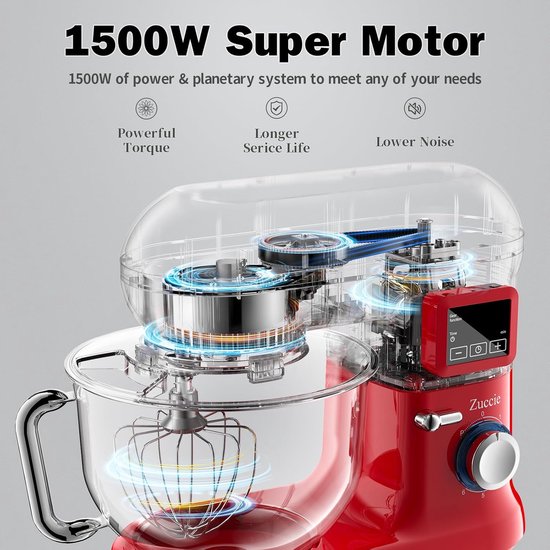 Keukenmachine 1500W met 5,5 L kom, LCD-display en 6 snelheden voor bakken en kneden van Merkloos — afbeelding 4