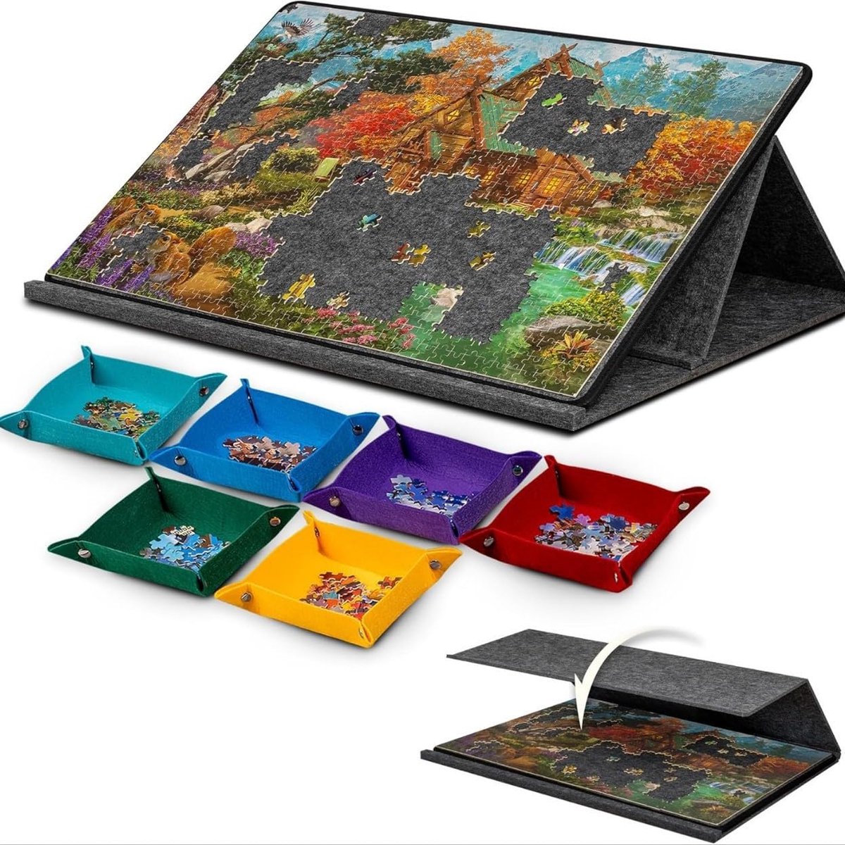 SnelShoppen - Vilten Puzzelmat met 1000 Stukken, Draagbaar Puzzelbord met 6 Kleurrijke Sorteervakken, Antislip Onderzetter en Dekselmotief, Perfect vo