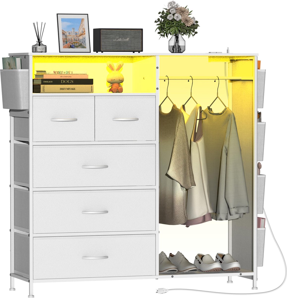 SnelShoppen - Commode met 5 Laden, Kleerhanger, LED-Verlichting, Oplaadstation en Opbergkast voor Slaapkamer, Hal of Kinderkamer - Wit