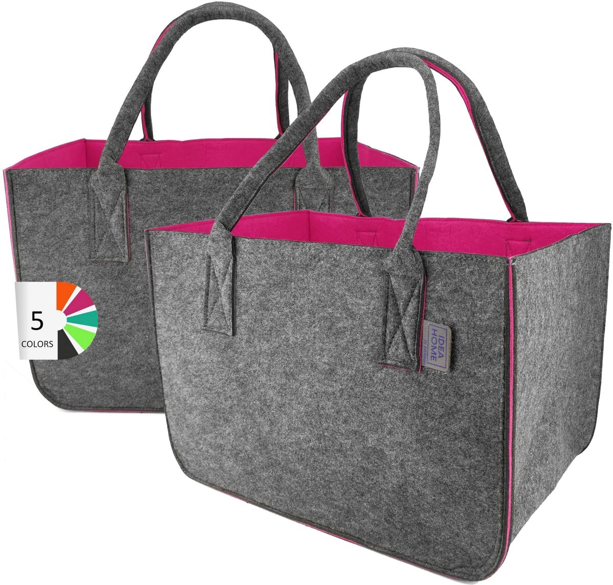SnelShoppen - Vilten Tas Shopper XXL 30 Liter - 2 Stuks Donkergrijs/Frambooskleur - Opvouwbare Boodschappentas, Haardhouttas, Kledingmand, Speelgoedta