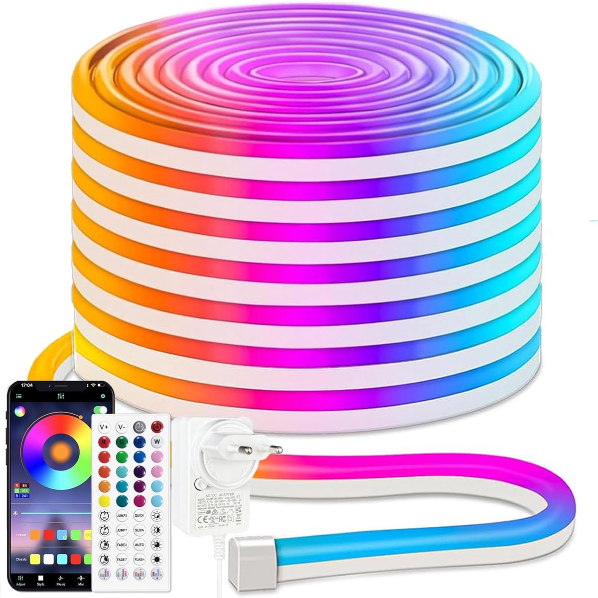 SnelShoppen - 24V 15m RGB Neon Ledstrip met App en Afstandsbediening, Kleurverandering, IP65 Waterdicht, Flexibele Neonstrip voor Feestjes, Gaming, Bi