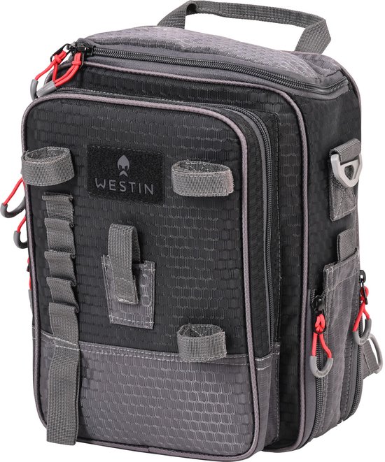 Grijze Westin W4 Street Bag Pro rugzak met zwarte ruitpatroon textuur en rode details.