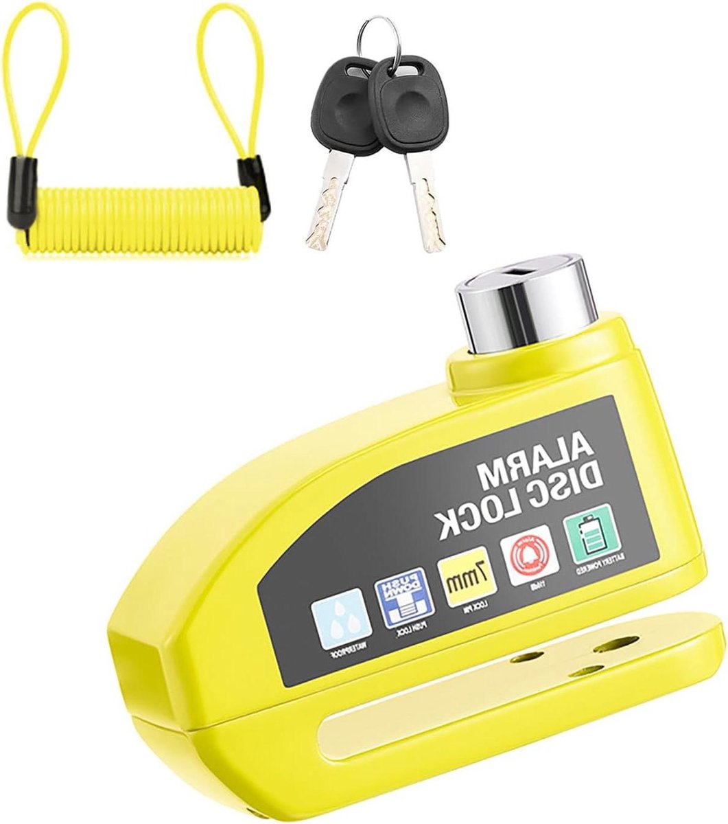 Schijfremslot Alarm - Motorslot Scooter - Diefstal Beveiliging - 130dB Sirene - 6mm Pen - Geel